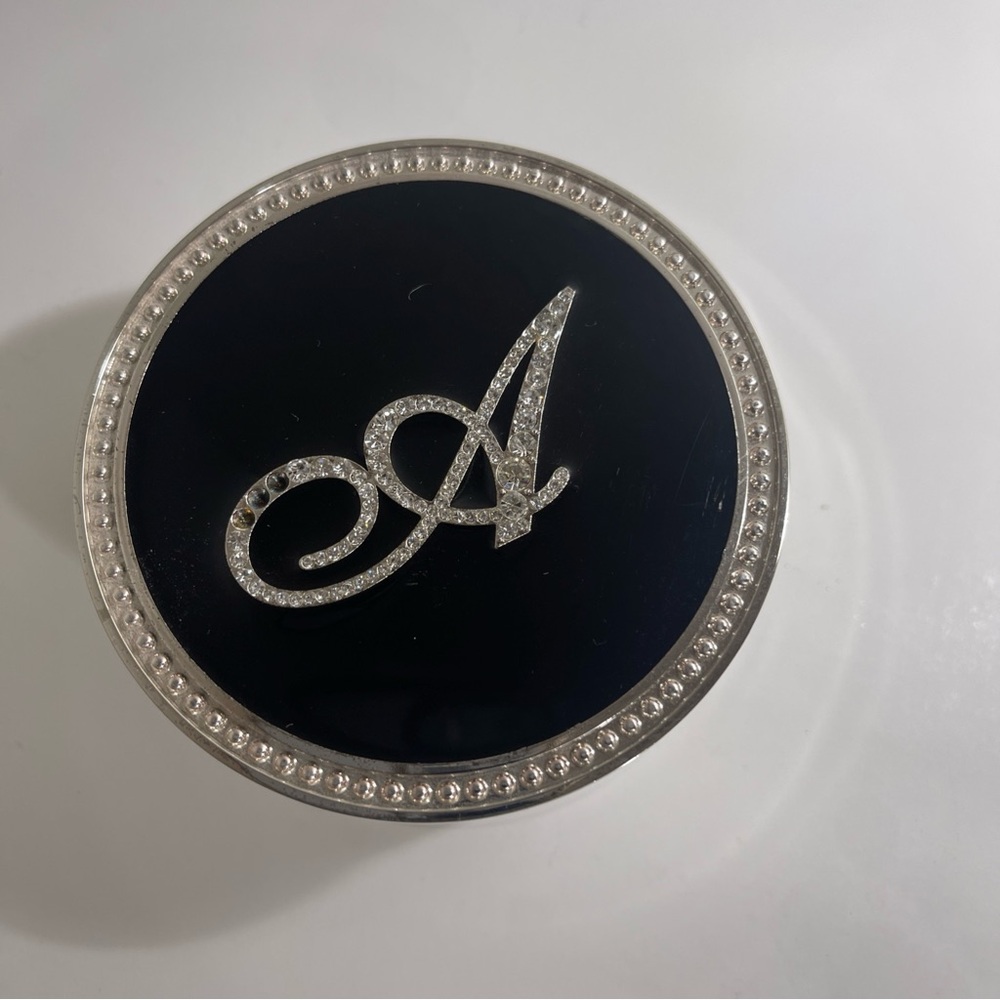 Rhinestone Initial “A” Silvertone lined in blue Felt Round Trinket Jewelry Box